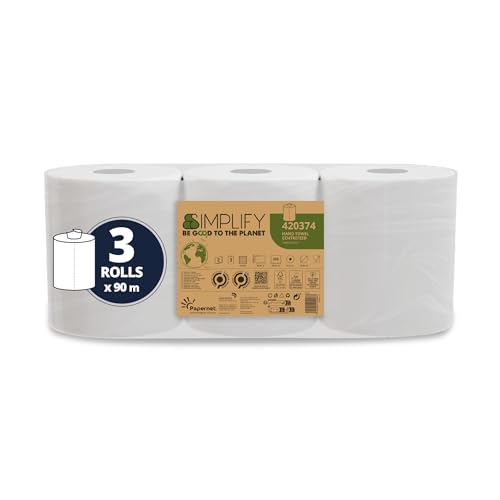 Papernet Simplify 420374 Centrefeed Carbon Neutral Handtuchrolle, 3 Rollen 90 m reines Zellulose-Papier, 2-lagig, 450 Abrisse pro Rolle 19,6 x 20 cm von Papernet