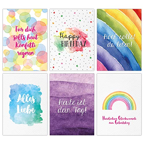Papierdrachen 12 Glückwunschkarten zum Geburtstag - Geburtstagskarte - Grußkarte im Aquarell Stil für Kinder und Erwachsene - 12 Postkarten in fröhlichen Farben und Regenbogenmotiv von Papierdrachen