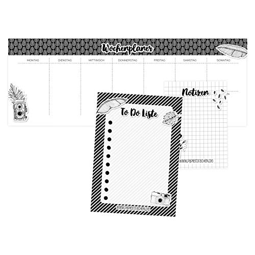 Papierdrachen 3 Schreibblöcke für Wochenplaner, Notizen und To Do Liste - Tagesplaner Schwarz-weiß - Ideal für Schule, Arbeit, Uni und Haushalt - 10,5 x 29,7 cm | DIN A6 | DIN A7 von Papierdrachen