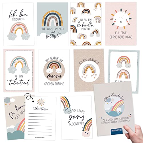 Papierdrachen 32 Affirmationskarten mit positiven Mantras - Achtsamkeitskarten mit Geschenkbox | Motivationskarten - Stress bewältigen mit Selbstliebe - Geschenkidee für Kinder - Regenbogen von Papierdrachen