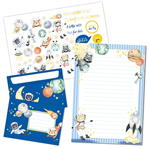 Papierdrachen Briefblock Set - 50 bunt bedruckte Briefbögen - Briefpapier mit Stickerbogen - 20 bedruckte Umschläge - Geschenkidee für Kinder - Astronauten von Papierdrachen