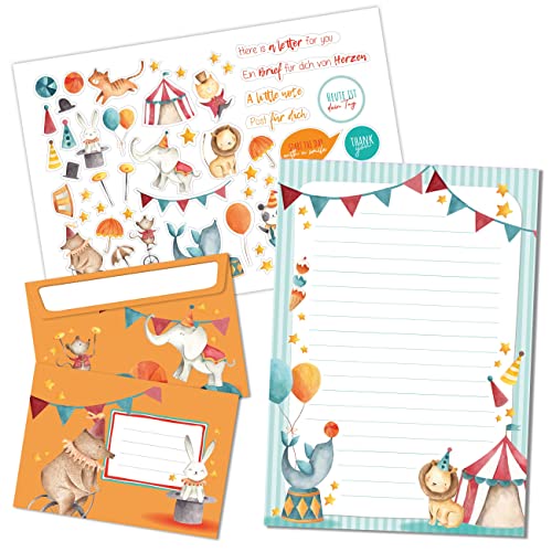 Papierdrachen Briefblock Set - 50 bunt bedruckte Briefbögen - Briefpapier mit Stickerbogen - 20 bedruckte Umschläge - Geschenkidee für Kinder - Zirkus von Papierdrachen