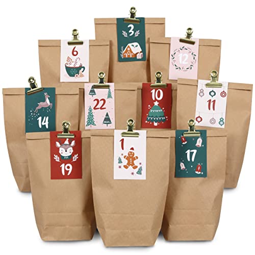 Papierdrachen DIY Adventskalender zum Befüllen - 24 Geschenktüten und 24 Visitenkarten mit Zahlen und Metall-Klammern - Grün-Bordeaux - zum Selberbasteln - Weihnachten von Papierdrachen