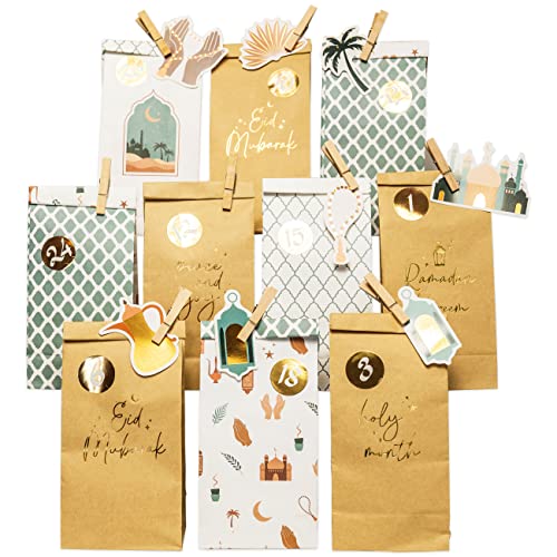 Papierdrachen DIY Ramadan Kalender zum Befüllen - für Kinder und Erwachsene - Bedruckte Kraftpapiertüten in mint - gold - zum Aufstellen und Dekorieren - Eid Mubarak - wiederverwendbar - Set 5 von Papierdrachen
