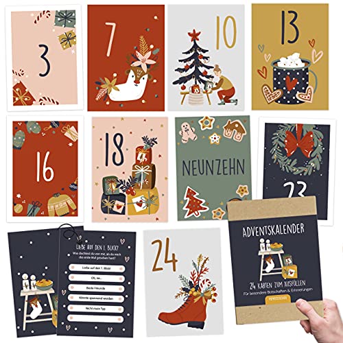 Papierdrachen Karten-Adventskalender zum Basteln und Verschenken für Paare Set 4 | 24 Postkarten zum Gestalten | Geschenkidee in der Vorweihnachtszeit| mit liebevollen Motiven zum Aufhängen von Papierdrachen
