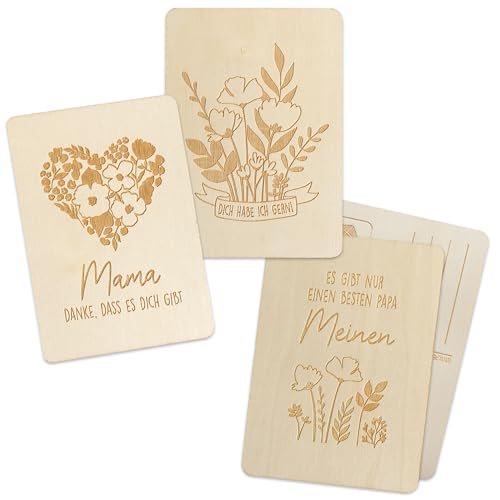 Papierdrachen Naturbelassene Holzkarten für die Liebsten im 3er-Set - Nachhaltige Grußkarten - Perfekt für besondere Anlässe wie Geburtstag, Muttertag oder Vatertag - Set 01 von Papierdrachen