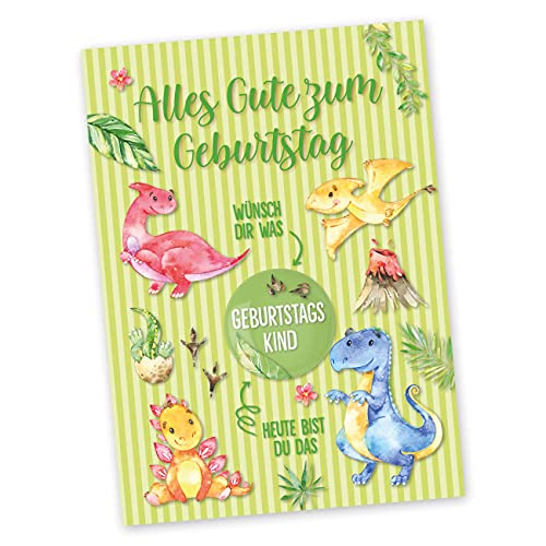Papierdrachen Postkarte mit Button | Alles Gute zum Geburtstag zum Verschicken und Verschenken | Design Dino | 35mm Button bedruckt mit Geburtstagskind von Papierdrachen
