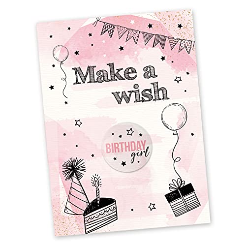 Papierdrachen Postkarte mit Button | Make a wish zum Verschicken und Verschenken | Design rosa | 35mm Button bedruckt mit Birthday girl von Papierdrachen