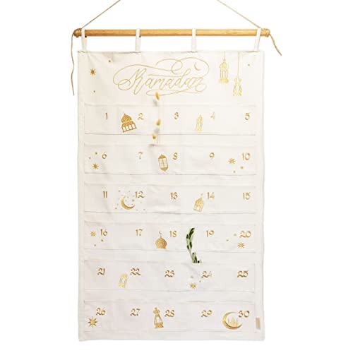 Papierdrachen Ramadankalender 2024 als Wandkalender aus Stoff zum Befüllen - beige & Gold - hochwertig Bestickt - Stoffbeutel - Baumwolle - wiederverwendbar - Set 3 von Papierdrachen