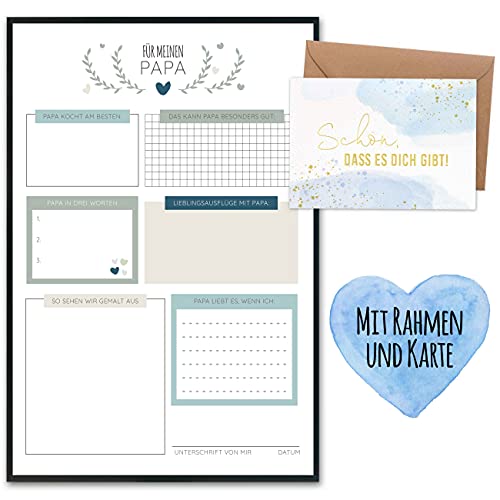 Papierdrachen Vatertagsgeschenk Komplettset mit Kunstdruck & goldfolierter Postkarte inkl. Umschlag sowie 2 weiteren Karten - Geschenk zum Vatertag - Design 3 - zum Ausfüllen - mit Rahmen von Papierdrachen