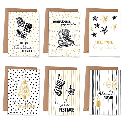 Papierdrachen Weihnachtskarten | 6 weihnachtliche Grußkarten als Klappkarte inklusive Umschlag zur Adventszeit - Stilvolles Design zur Weihnachtszeit - Motiv Schwarz-Weiss - Christmas von Papierdrachen