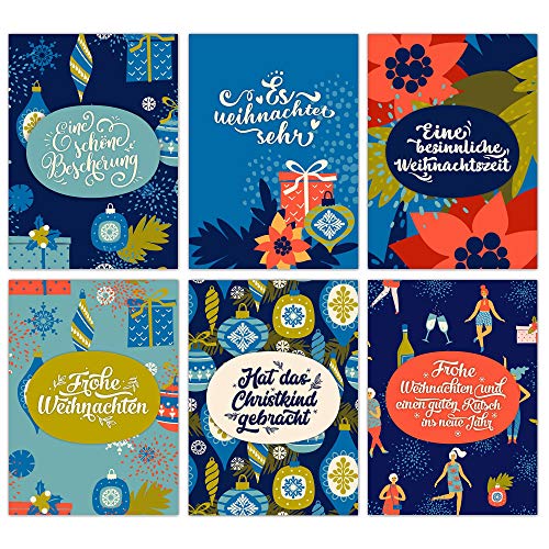 Papierdrachen Weihnachtskarten Set - 12 liebevoll gestaltete Postkarten zu Weihnachten - Kunstdruck zum Verschicken, Pakete dekorieren und Sammeln - Karten Set 2 - Blau von Papierdrachen