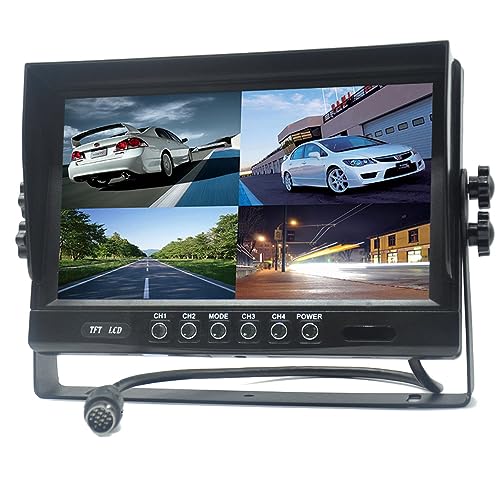 Pardarsey 9" TFT LCD Auto Rückansicht Quad Split Monitor, Fernbedienung, 4-Kanal 4-PIN Stecker Video Eingänge Stoßfest mit 12V-24V 800480HD Bildschirm mit Sonnenschirm Anti-Blende von Pardarsey