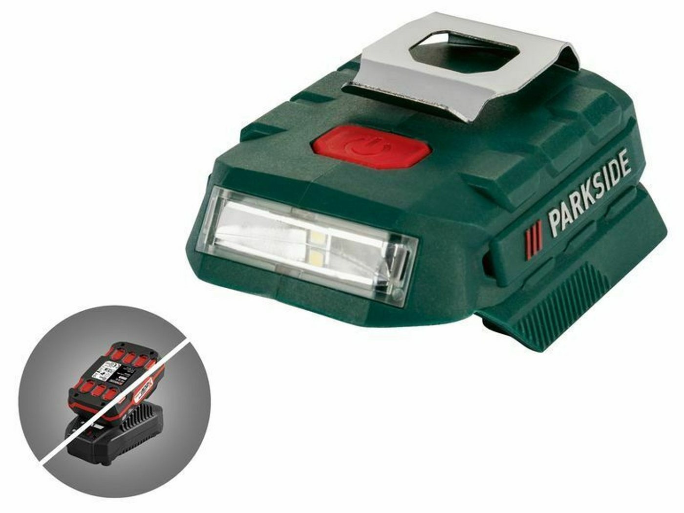 Parkside Akku-Adapter PAA 20-Li, mit 2 USB-Anschlüssen, zuschaltbares LED-Licht USB-Adapter von Parkside