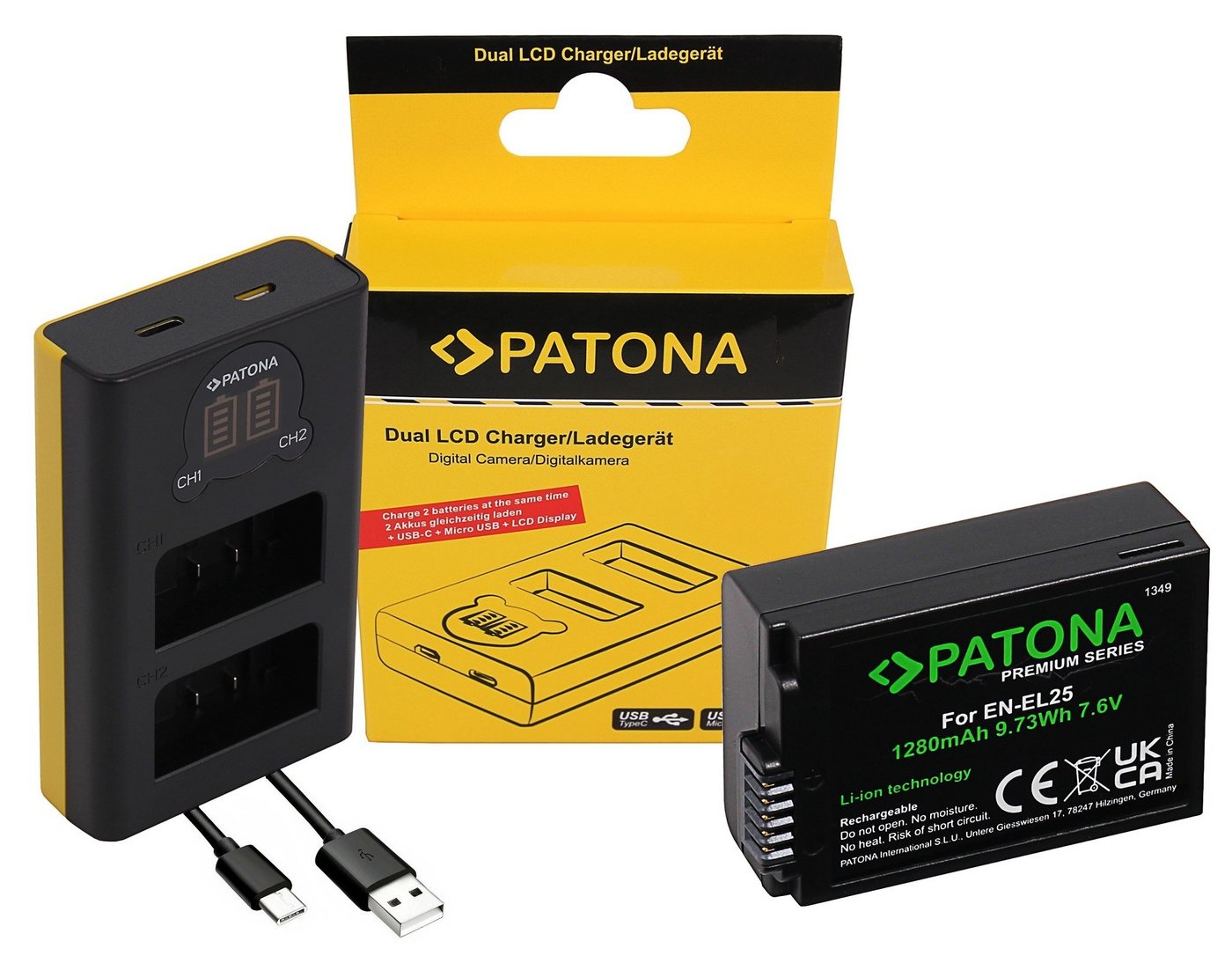 Patona 2in1 Zubehör Set für die Nikon Z 50 und Nikon Z fc Kamera-Akku EN-EL25 1280 mAh, Dual Ladegerät mit USB-C Anschluss von Patona