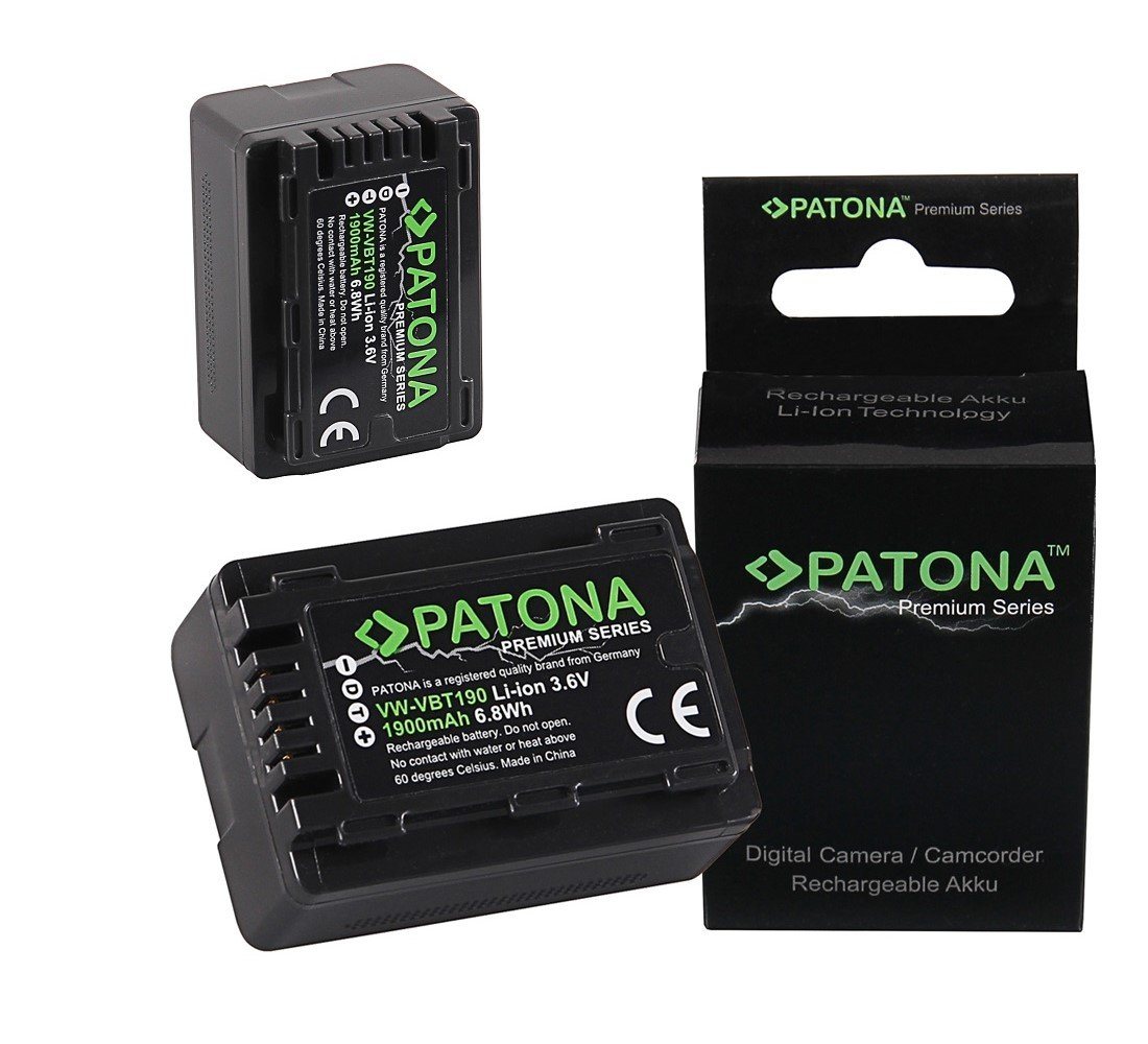 Patona 2x Akku für Panasonic VW-VBT190 Kamera-Akku Ersatzakku 1900 mAh (3,6 V, 2 St), VBT190EK HC-V757 V777 VX878 WX979 WX878 T71 T76 TM90 von Patona