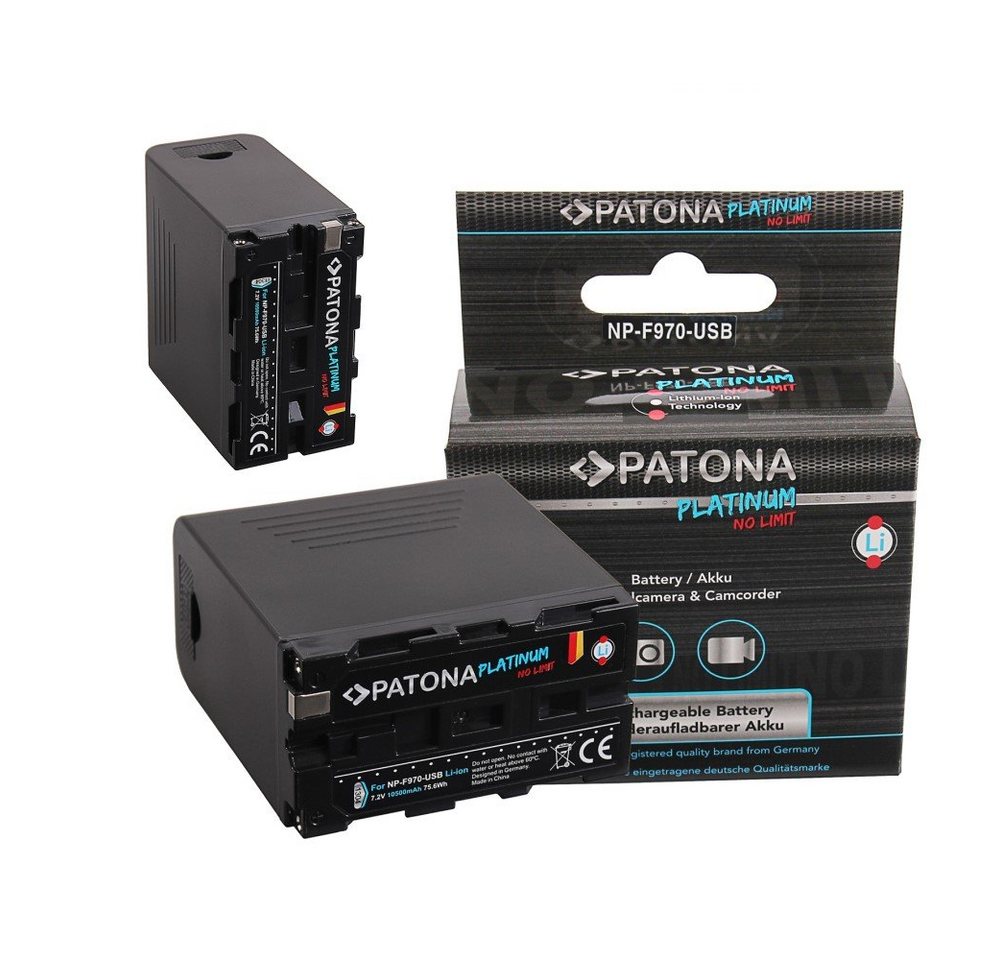 Patona 2x Akku für Sony NP-F970 Kamera-Akku Ersatzakku Kameraakku 10500 mAh (7,2 V, 2 St), F960 F950 inkl. Powerbank MVC-FD200 HDV Z1 GV-D800 DSC-D770 von Patona