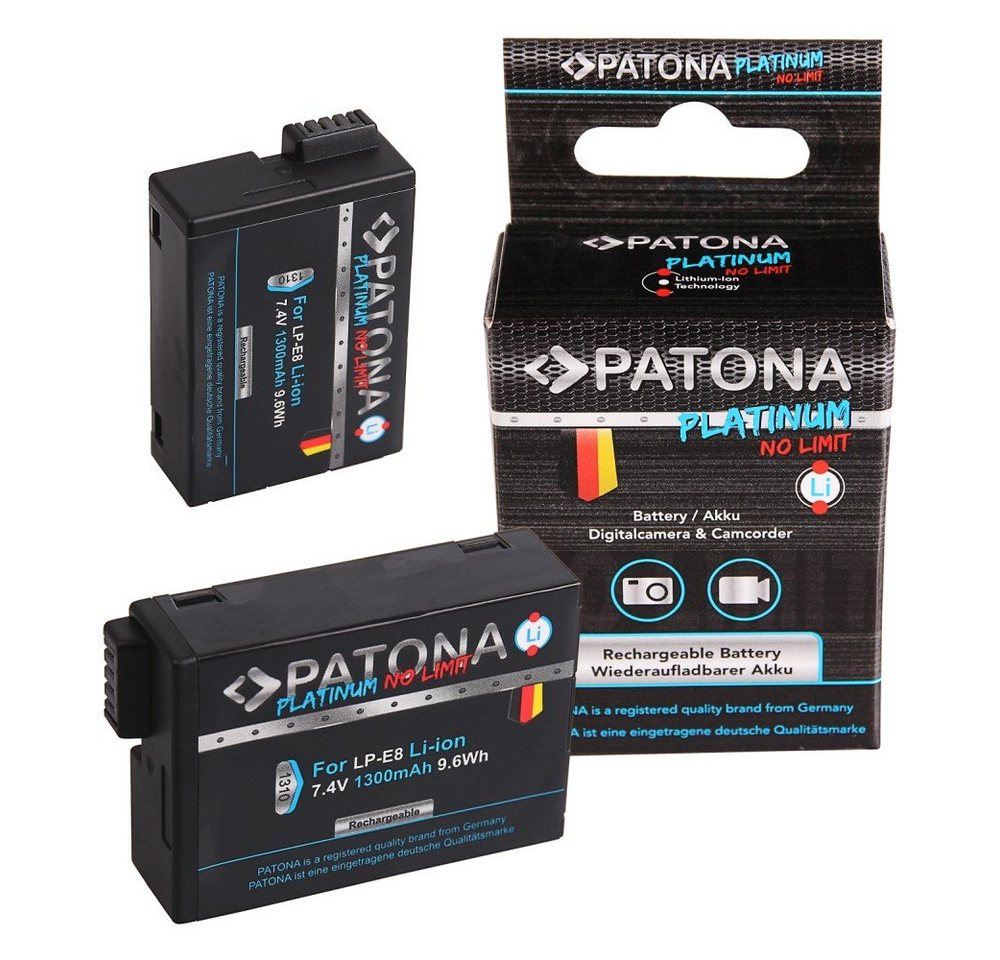 Patona 2x Platinum Akku für Canon EOS Kamera-Akku Erastzakku Kamerakku 1300 mAh (7,4 V, 2 St), 550D 600D 650D 700D LPE8 LP-E8 LP-E8+ von Patona