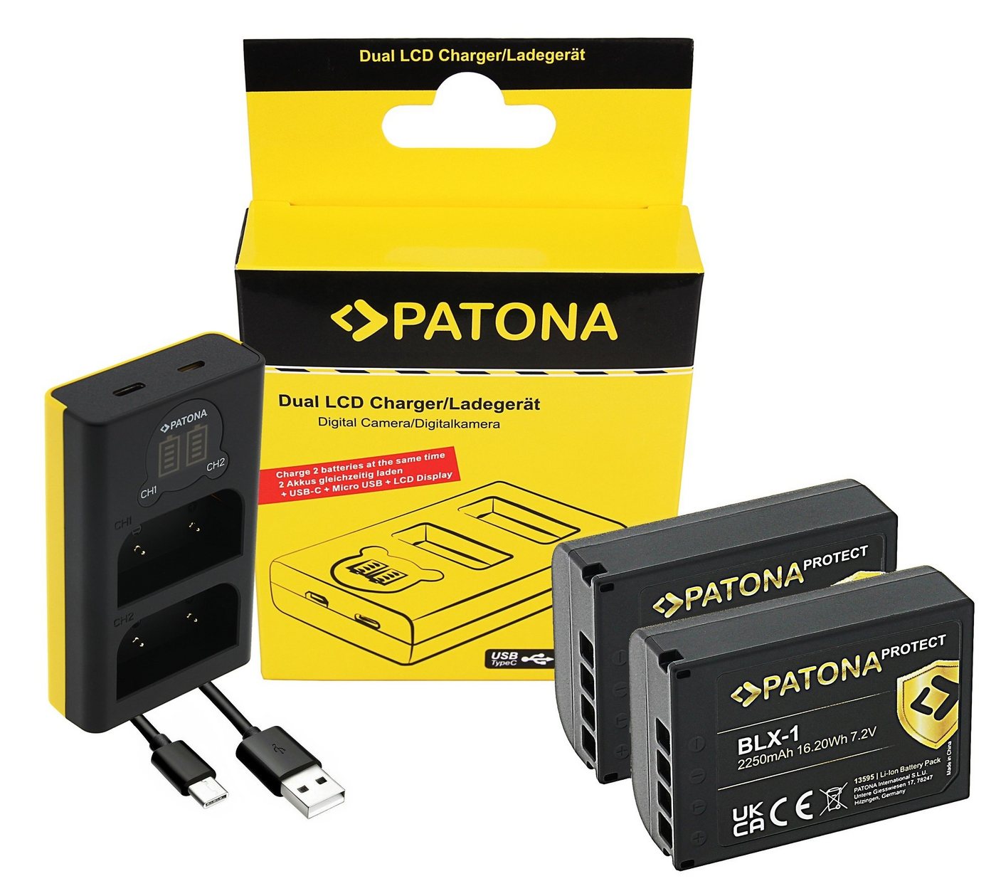 Patona 3in1 Zubehör Set für die Olympus OM-1 Kamera-Akku BLX-1 2250 mAh, Dual Ladegerät mit USB-C Anschluss von Patona