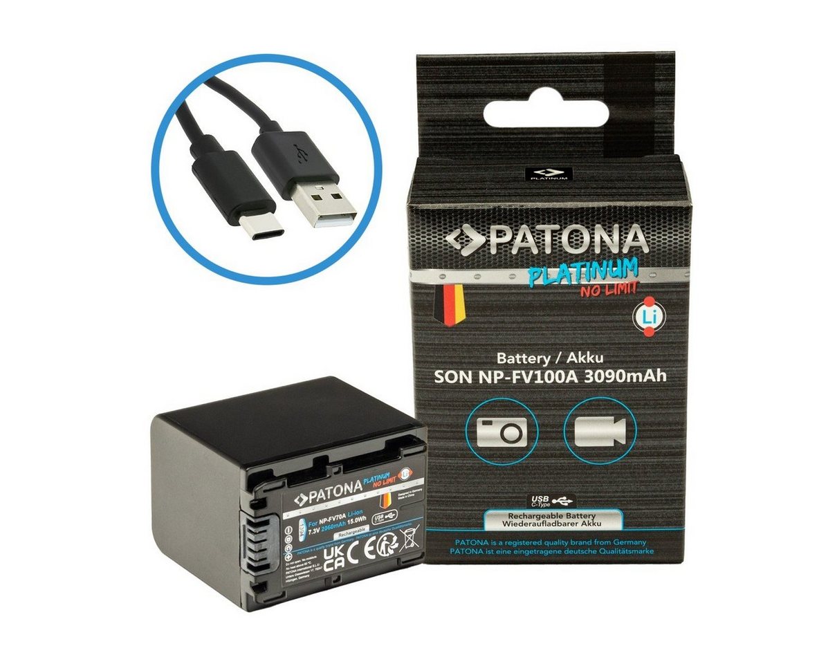 Patona Akku für Sony NP-FV100 mit USB C Input Kamera-Akku Ersatzakku Akku 3090 mAh (7,4 V, 1 St), FDR-AX40 FDR-AX45 FDR-CX680 NEX-VG30 von Patona