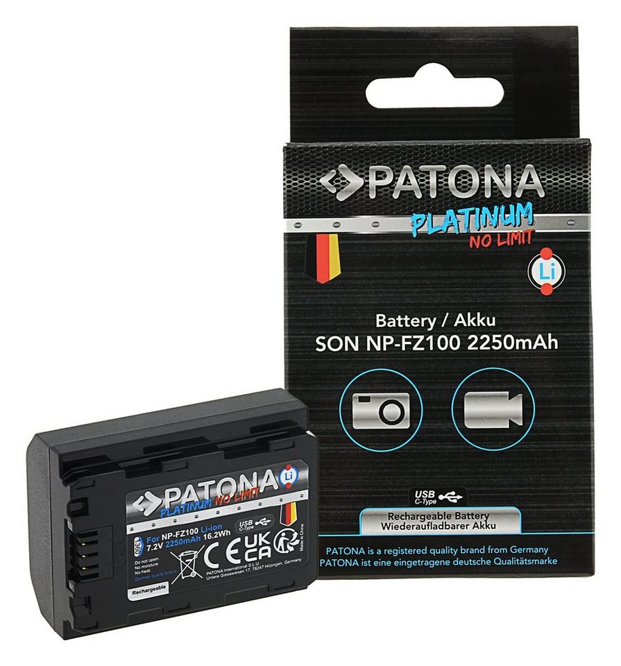 Patona Akku für die Sony Alpha 7 III 7R 6600 9 und 9R Kamera-Akku NP-FZ100 2250 mAh, Akku mit USB-C Ladebuchse (Kabel inkl) von Patona