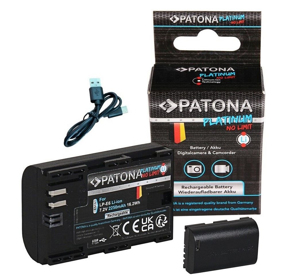 Patona Platinum Akku mit USB-C Eingang für Canon LP-E6 Kamera-Akku Ersatzakku Kameraakku 2250 mAh (7,2 V, 1 St), Canon LP-E6 LPE6 EOS 60D 70D 5D 6D 7D Mark III von Patona