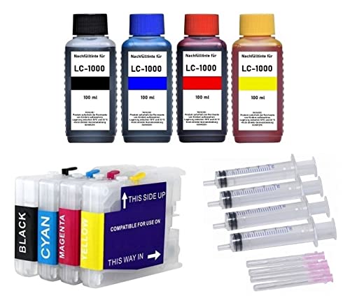 Patronenprofis Wiederbefüllbare Tintenpatronen LC-1000 + 400 ml Premium Nachfülltinte Black, Cyan, Magenta, Yellow von Patronenprofis