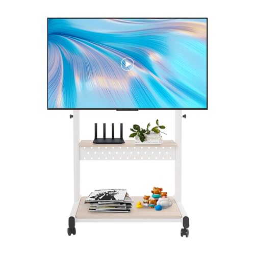 Tragbarer Mobiler TV Wagen für 43-86 Zoll mit Aufbewahrung Ablagebrett,Höhenverstellbarer 108.5-128.5cm TV Ständer auf Rollen Rollbar Fernseher Freistehend Fernseher Wagen bis 100kg (Weiß) von PattenlLevi
