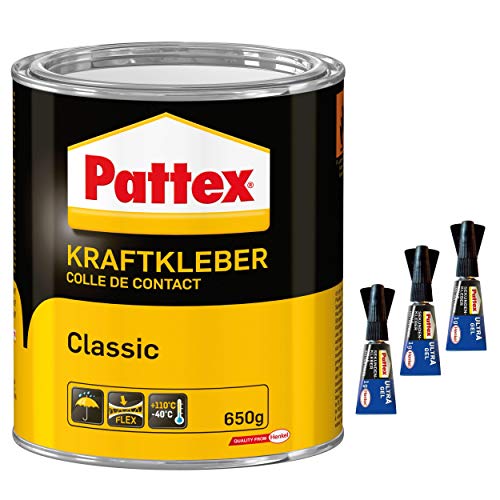 Pattex Kraftkleber Classic, extrem starker Kleber für höchste Festigkeit, Alleskleber für den universellen Einsatz, Spar-Set mit 1x 650g und 3x 1g Sekundenkleber Pattex Ultra Gel, 9HPCL6CP1X von Pattex