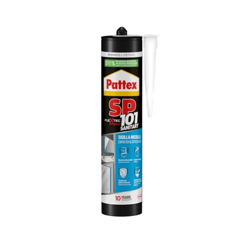 Pattex Polymer SP101 Sanitär Dichtmittel für Badezimmer und Sanitärkeramik, haftet auf feuchten Oberflächen, UV- und witterungsbeständig, weißer Dichtstoff, Kartusche 280 ml von Pattex