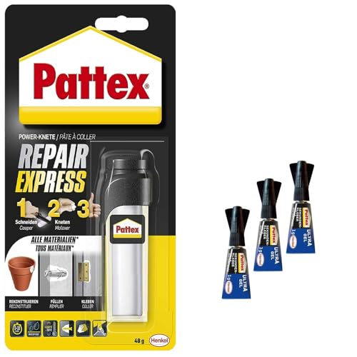 Pattex Powerknete Repair Express 1 x 48 g Klebeknete zum Kleben & Reparieren und 3 x 1 g Pattex Ultra Gel Sekundenkleber, Epoxidharz Kleber, lackier- und schleifbar von Pattex