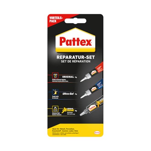 Pattex Reparatur-Set, 3-er-Set aus Pattex Sekundenkleber Flüssig (3g), Pattex Sekundenkleber Ultra Gel (3g), Pattex Reparaturkleber Repair Extreme (8g), für schnelle und einfache Reparaturen von Pattex