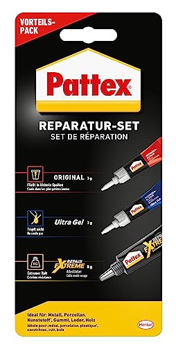 Pattex Reparatur-Set, 3-er-Set aus Pattex Sekundenkleber Flüssig (3g), Pattex Sekundenkleber Ultra Gel (3g), Pattex Reparaturkleber Repair Extreme (8g), für schnelle und einfache Reparaturen von Pattex