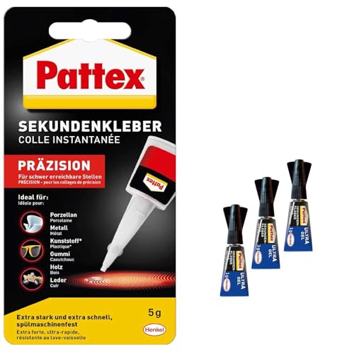 Pattex Sekundenkleber Präzision 1 x 5 g Superkleber und 3 x 1 g Sekundenkleber Pattex Ultra Gel, punktgenaues Kleben ohne Nachtropfen, schnelltrocknend, spülmaschinenfester Flüssigkleber Pattex Sekundenkleber Präzision 1 x 5 g Superkleber und 3 x 1 g Sekundenkleber Pattex Ultra Gel, punktgenaues Kleben ohne Nachtropfen, schnelltrocknend, spülmaschinenfester Flüssigkleber von Pattex