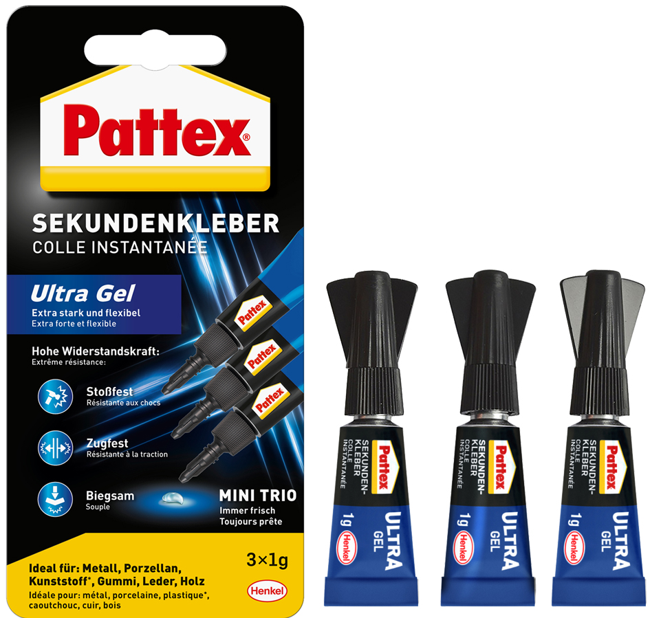 Pattex Sekundenkleber Ultra Gel MINI TRIO, 3 Tuben à 1 g von Pattex