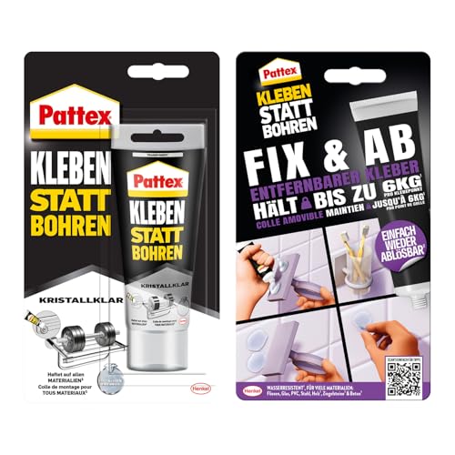 Pattex Set Montagekleber Kleben statt Bohren Kristallklar 90 g, für kristallklare Verklebungen und Kleben statt Bohren Fix & Ab 44 g, Kraftkleber hält bis zu 6 kg, ablösbarer Wandkleber Pattex Set Montagekleber Kleben statt Bohren Kristallklar 90 g, für kristallklare Verklebungen und Kleben statt Bohren Fix & Ab 44 g, Kraftkleber hält bis zu 6 kg, ablösbarer Wandkleber von Pattex