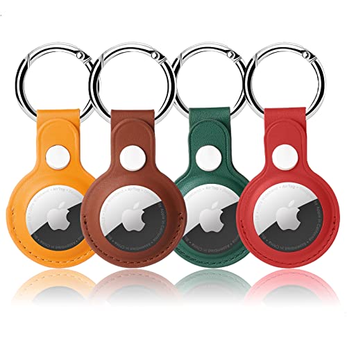 Airtag-Halter für Apple Airtag, PU-Leder, Airtag-Hülle, 4er-Pack Airtag-Halter mit Metall-Anti-Verlust-Schlüsselanhänger für Rucksäcke, Taschen, Haustiere und Gepäck (★Braun/★Rot/★Gelb/★Grün) von Pautas