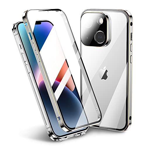Schutzhülle für iPhone 14, transparent, doppelseitig, 15.5 cm (6.1 Zoll), Hybrid-Farbe, mit Displayschutzfolie und Kameraobjektivschutz, gehärtetes Glas und Schnalle, Metall-Bumper-Hülle (Silber) von PboyiqiS