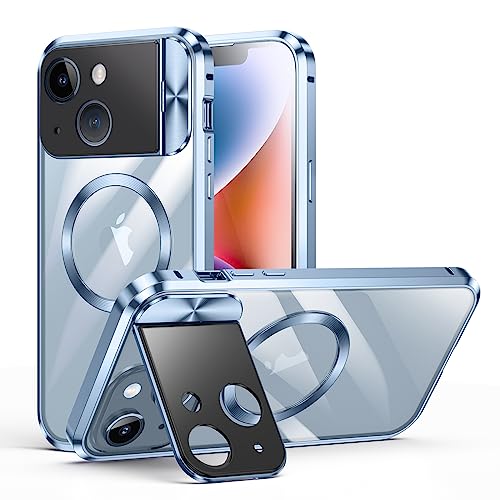 iPhone 13 Hülle Doppelseitige Schnalle, Kompatibel mit Magsafe Magnetische Adsorption Metall Bumper mit Kamera-Abdeckung, Ganzkörperschutz Metall Bumper Case (Blau) von PboyiqiS