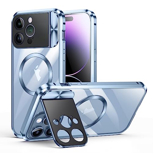 iPhone 15 Pro Hülle Doppelseitige Schnalle, Kompatibel mit Magsafe Magnetische Adsorption Metall Bumper mit Kamera-Abdeckung, Ganzkörperschutz Metall Bumper Case (Blau) von PboyiqiS