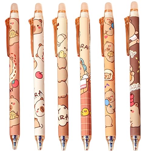 PceGan Capybara Stifte,Radierbarer KugelsChreiber,6 Stück Tintenroller Radierbar,0.5MM Cartoon Tier Kugelschreiber Radierbar Tintenroller Studenten Geschenk Schule Bürobedarf Schulsachen von PceGan