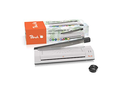 Peach 4 in 1 Laminiergerät A3 inkl. Eckenrunder, cutter, Laminerfolien - ABS - startklar in 3-5 Minuten - 2x125 mic. - 250 mm/min - Heiß- & Kaltlaminiergerät - PBP420 von Peach