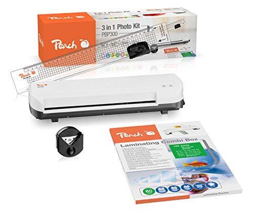 Peach 4 in 1 Laminierset inklusive Laminiergerät, Eckenrunder, Rollenschneider und Folien - für Heim und Büro - geeignet für alle handelsüblichen Folien in allen Größen bis max. A4, Weiß - PBP300 von Peach