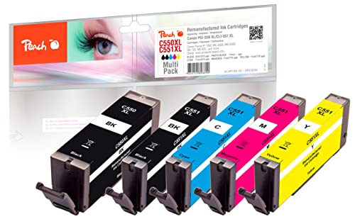 Peach C550/551/555 Spar Pack Druckerpatronen XL (BK, PBK, C, M, Y) ersetzt Canon PGI-550XL, CLI-551XL für z.B. Canon Pixma IP 7250, Canon Pixma MX 925, Canon Pixma IP 7200, Canon Pixma MG 7550, schwarz, foto schwarz, cyan, magenta, gelb von Peach