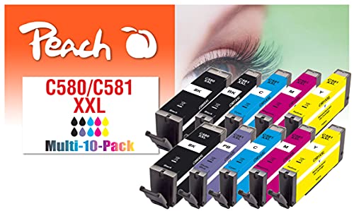 Peach C580/581 10er-Pack Druckerpatronen XL (2xBK, PBK, 2xC, 2xM, 2xY, blau) ersetzt Canon PGI-580XXL, CLI-581XXL für z.B. Canon Pixma TS 6350, Canon Pixma TS 8350, Canon Pixma TS 8151 von Peach