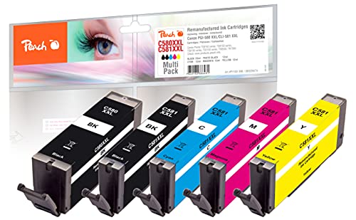 Peach C580/581 Spar Pack Druckerpatronen XXL (BK, PBK, C, M, Y) ersetzt Canon PGI-580XXL, CLI-581XXL für z.B. Canon Pixma TR 8550, Canon Pixma TS 6350, Canon Pixma TS 8350, Canon Pixma TS 8351, Schwarz, Foto Schwarz, Cyan, Magenta, Gelb von Peach