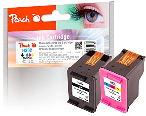 Peach H302 Spar Pack Druckköpfe (BK, C) ersetzt HP No. 302, F6U66AE, F6U65AE für z.B. HP OfficeJet 3831, HP OfficeJet 3830, HP OfficeJet 3833, HP DeskJet 3630, HP Envy 4527 e-All-in-One - 0Z319615 von Peach
