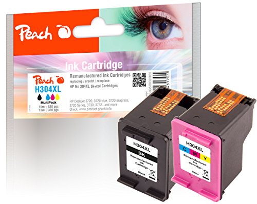 Peach H304 Spar Pack Druckköpfe XL (BK, C) ersetzt HP No. 304XL, N9K08AE, N9K07AE für z.B. HP DeskJet 3750, HP DeskJet 3720, HP DeskJet 3730, HP DeskJet Ink Advantage 3700 MFP, HP DeskJet 3732-0Z von Peach