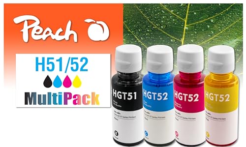 Peach HGT51/GT52 Spar Pack Druckerpatronen (BK, C, M, Y) ersetzt HP GT51, GT52, M0H57AE, M0H54AE, M0H55AE, M0H56A für z.B. HP DeskJet GT 5800, HP DeskJet GT 5810, HP DeskJet GT 5820 von Peach