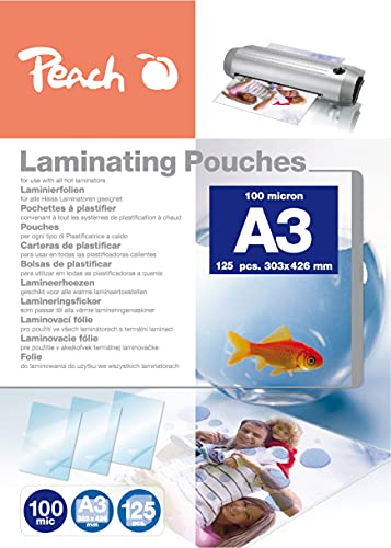 Peach Laminierfolien A3 - 100 mic - 125 pouches - glänzend - Premiumqualität für beste Laminierergebnisse - kompatibel mit Geräten aller Markenhersteller - PP500-01P von Peach